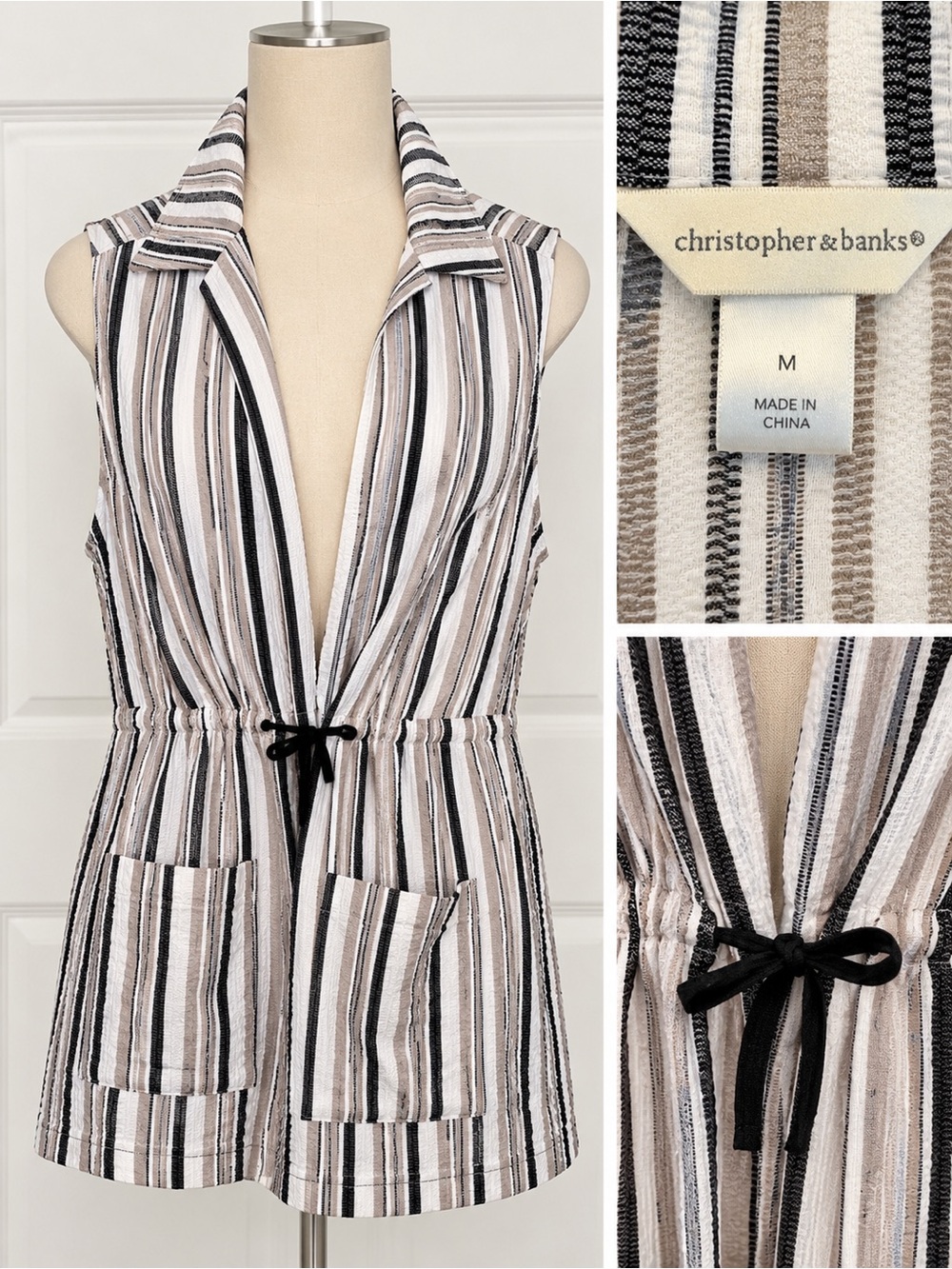 Christopher & Banks Black, White & Tan Striped Sleeveless Drawstring Vest